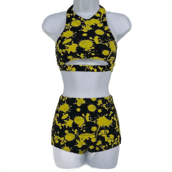 High Waisted Bikini Bottom Only in Black with Yellow Paint Splatter Size XS - Picture 5 of 6